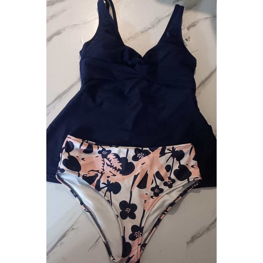 Beach Sissi Twist Front Blue Floral Tankini Swimsuit-2 Piece Set Size Small